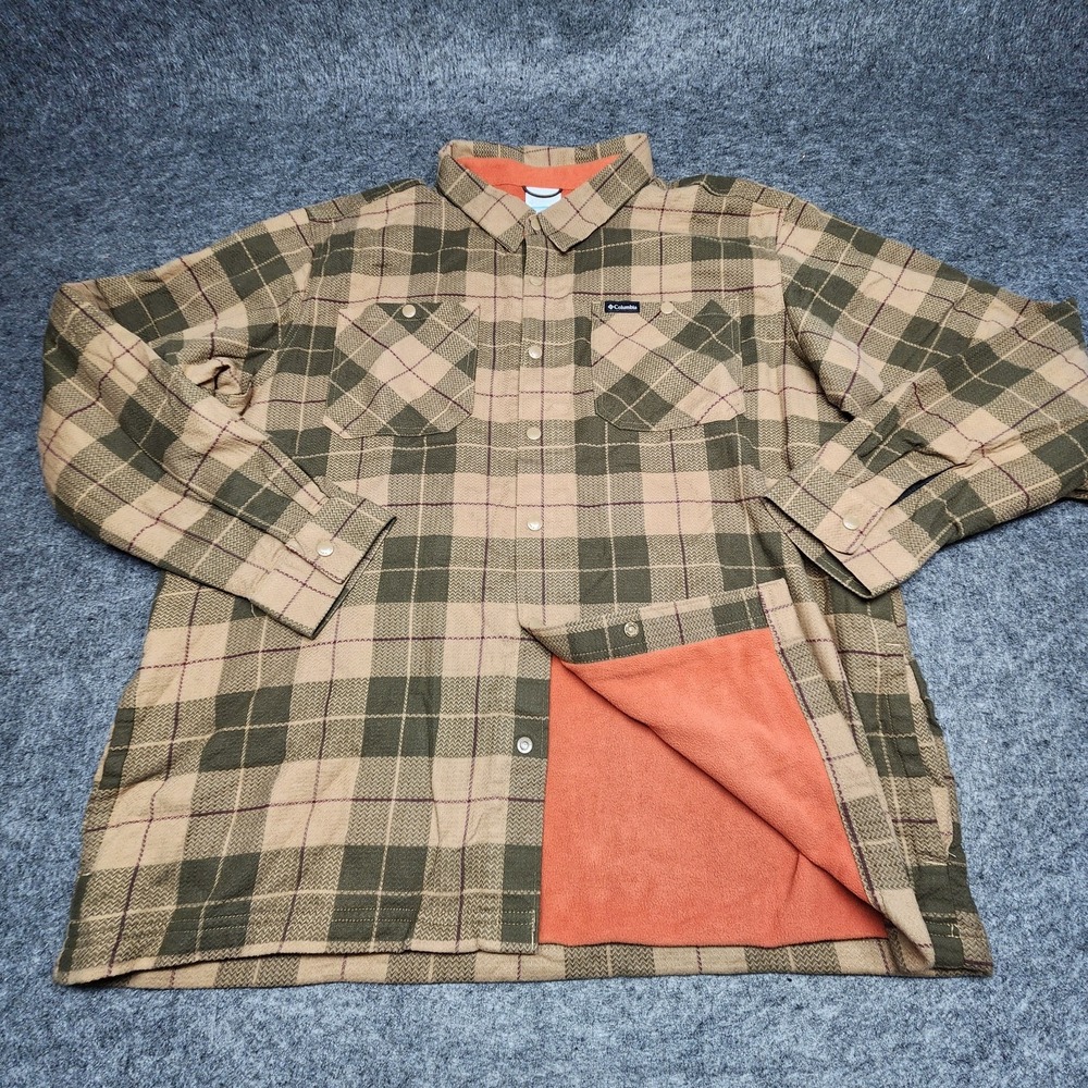 Columbia Fleece Lined Flannel Snap Button Down Shirt Nylon Sleeves XL Shacket